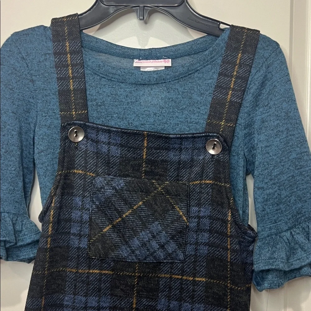 BONNIE JEAN navy blue & mustard plaid 2 piece dress with ruffle hem